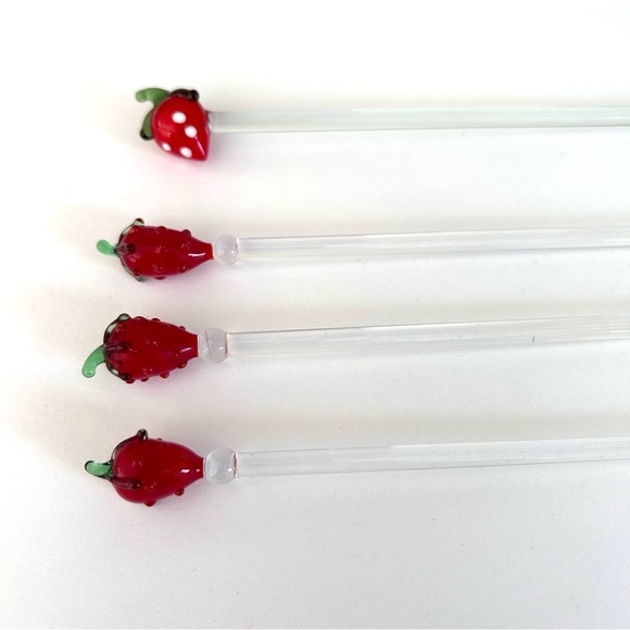 Glass Swizzle Stir Sticks Lot Of 4 Strawberries Hand Blown Art Strawberry - Picture 7 of 8